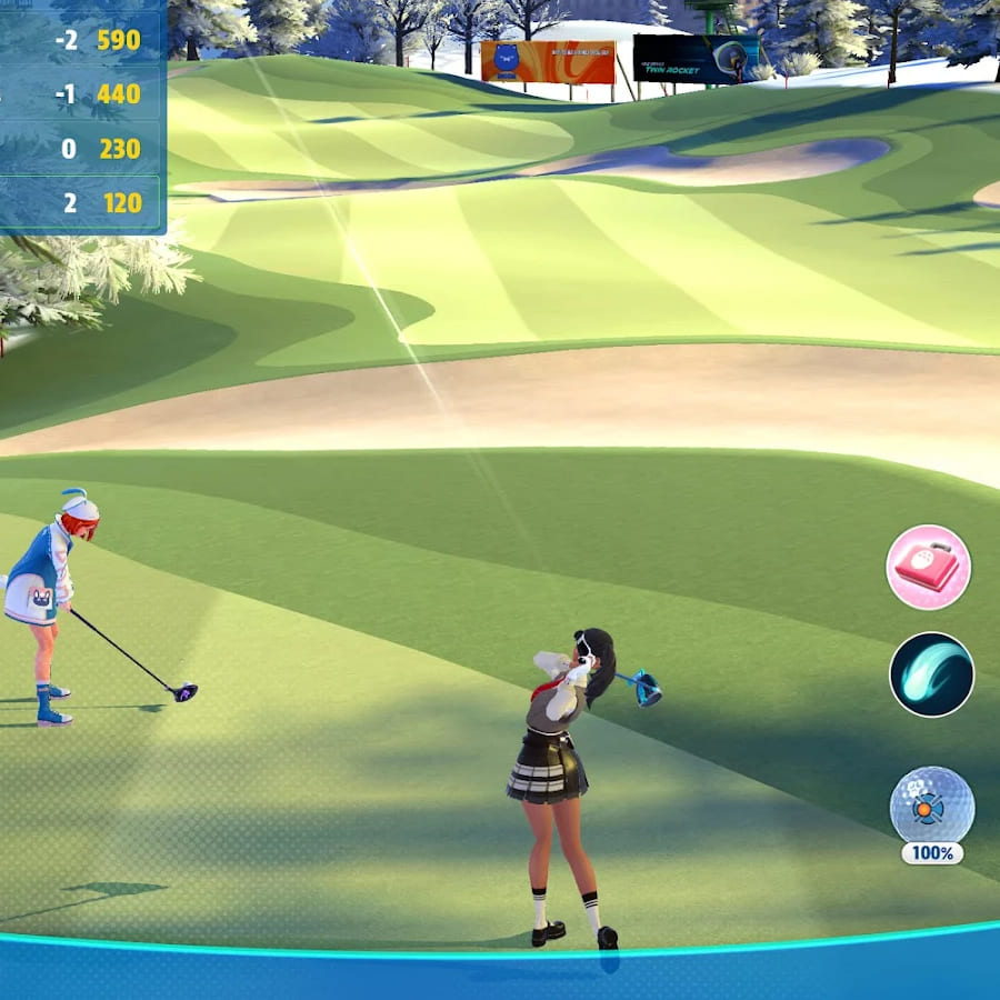 Zimowe pole golfowe z dwiema golfistkami i podglądem strzału