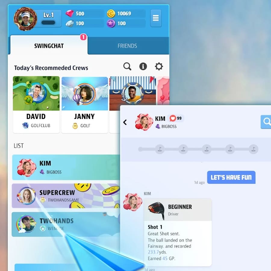 Interfejs SwingChat z listą przyjaciół i kartami strzałów
