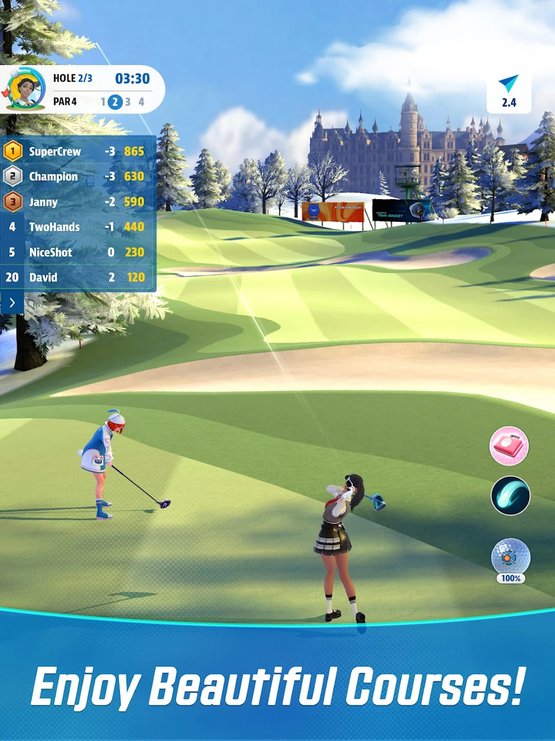 Zimowe pole z dwiema golfistkami w Golf Super Crew