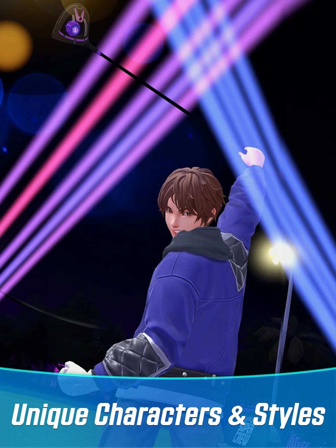 Unikalna postać Golf Super Crew podczas nocnego swingu z neonowymi światłami